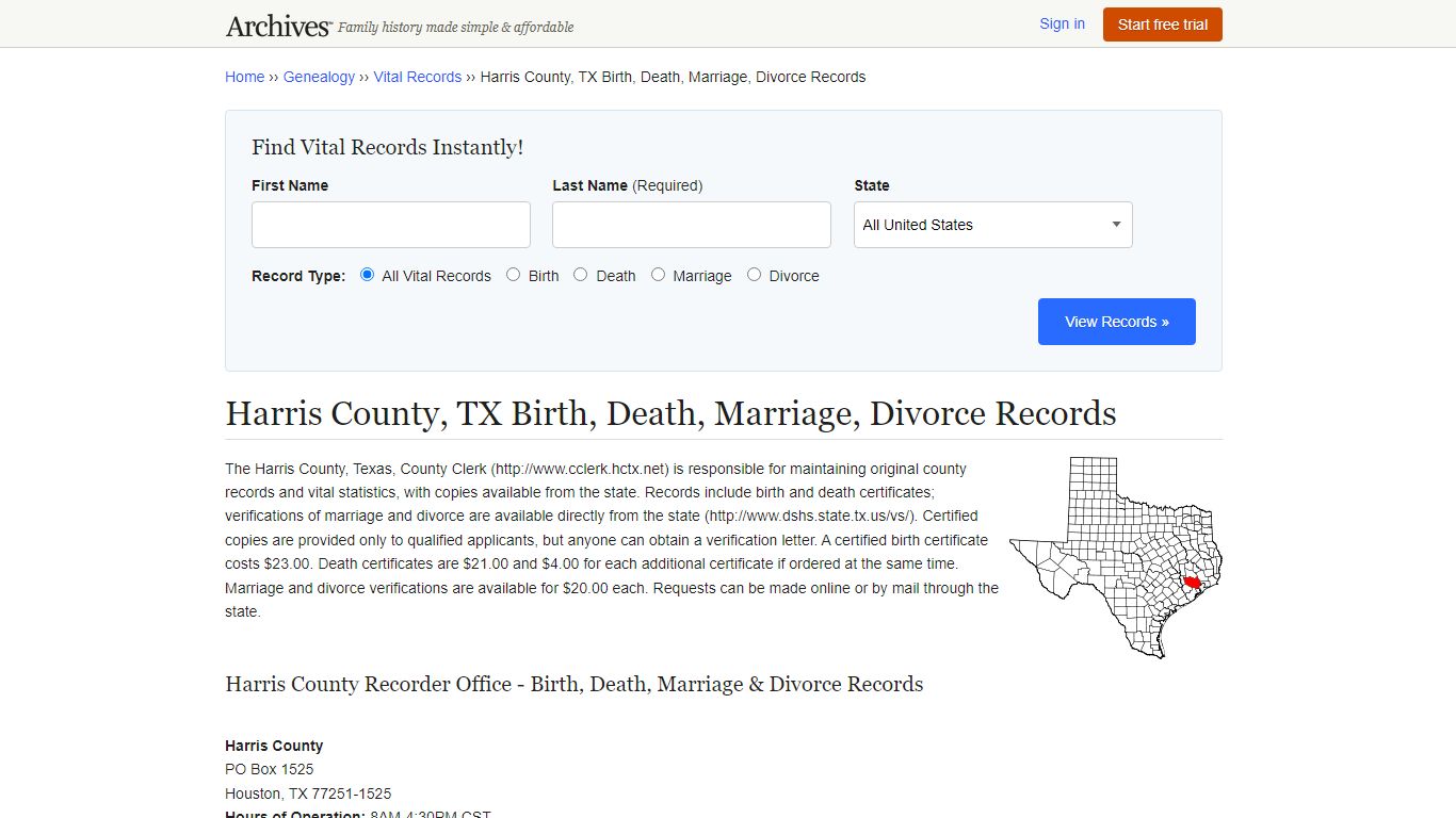 Harris County, TX Birth, Death, Marriage, Divorce Records - Archives.com